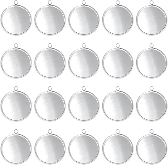 Resin Crafts - 20個のステンレス鋼ラウンドベゼルブランクペンダントトレイ、イヤリング、ブレスレット、ネックレス、キーホルダー、DIYクラフト、樹脂ガラスカボショ用